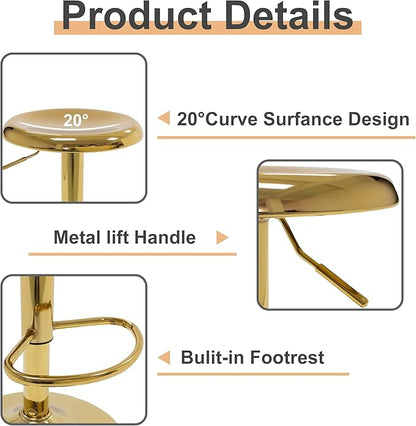 CAROLMADE Bar Stools Set of 2, Adjustable Metal Bar stools Swivel Counter Height Stool, Backless Barstools for Kitchen Island Pub, Gold