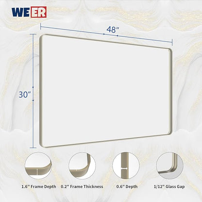 WEER 48X30 Inch Brushed Nickel Bathroom Mirror, Brushed Silver Metal Frame Mirror, Rounded Rectangle Silver Bathroom Vanity Mirror, Tempered Glass, Anti-Rust, Hangs Horizontally or Vertically