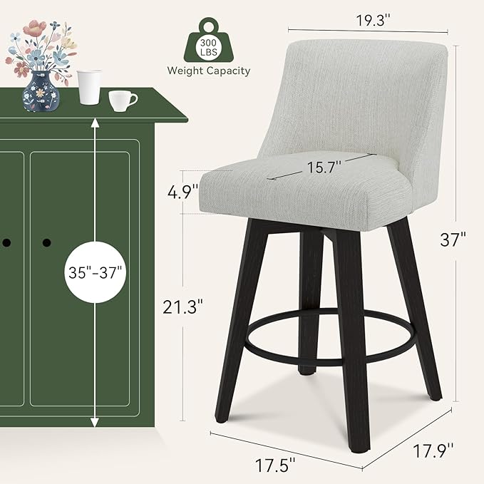 Vipbear Swivel Counter Height Bar Stools Set of 4,26.8" H Counter Stools with Back, Mid Century Modern Bar Stools for Kitchen Island,Linen Fabric,Wooden Base, White