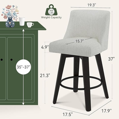 Vipbear Swivel Counter Height Bar Stools Set of 2,26.8" H Counter Stools with Back, Mid Century Modern Bar Stools for Kitchen Island,Linen Fabric,Wooden Base, White