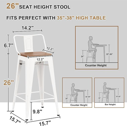 26 Inch Swivel Bar Stools Set of 4 with Backs Counter Height Industrial Metal Barstools Island Bar Chairs for Home Kitchen Dining Room (Swivel 26 inch, White Wooden)
