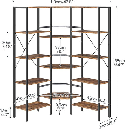 HOOBRO Industrial Corner Bookshelf, 5-Tier L-Shaped Bookcase, Open Display Storage Rack, Floor Standing Storage Shelf, for Living Room, Bedroom, Home Office, Rustic Brown and Black BF68SJ01
