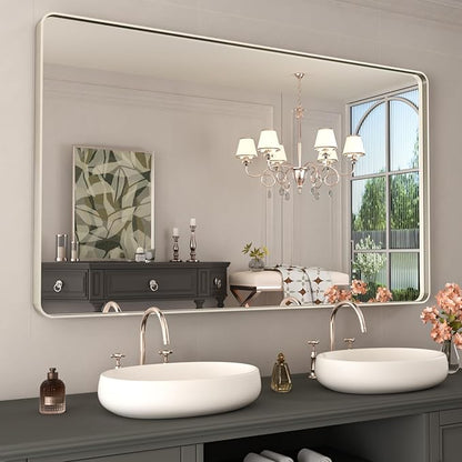 WEER 50X30 Inch Brushed Nickel Bathroom Mirror, Brushed Silver Metal Frame Mirror, Rounded Rectangle Silver Bathroom Vanity Mirror, Tempered Glass, Anti-Rust, Hangs Horizontally or Vertically