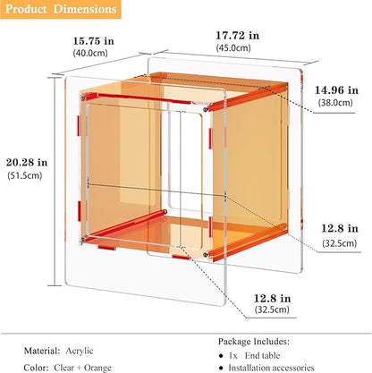 Acrylic Nightstand, Side Table, Record Player Table, End Table with Open Storage Shelf for Living Room, Bedroom, Home, Office Reception (Orange)