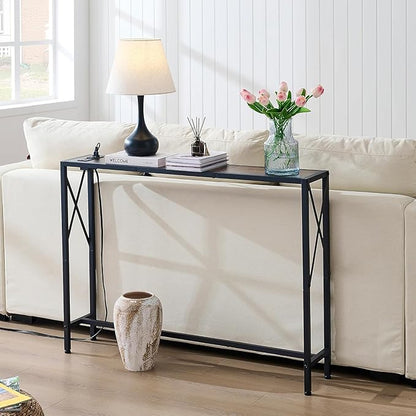 41.8" Console Table, Narrow Behind The Couch Table with Outlet, Industrial Skinny Stand for Hallway, Entryway, Living Room, Bedroom, 6.5 Feet Power Cord,Rustic Brown