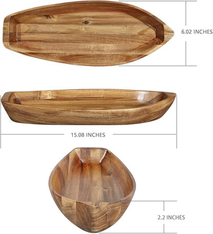 Lucky Boat Serving Tray, Acacia Solid Wood Boat Shape Plate for Serving Desserts, Fruit, Snack and Seafood or House Ornament,Key Tray,Functional and Storage Decorative Bowl。 (L)