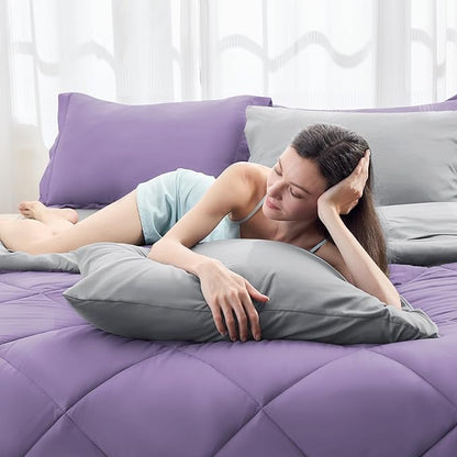HEVUMYI Cali-King Comforter Set - 7-Piece All Season Bed in a Bag Cali-King, Ultra Soft Bedding Set with Comforter, Flat Sheet, Fitted Sheet, Pillowcases, Pillow Shams, Purple & Light Grey