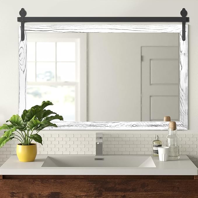 YOSHOOT Farmhouse Barn Door Mirror, 40"x26" Rustic Wood Framed Wall Mirror, Wall Mounted Vintage Mirror, Wooden Farmhouse Style for Bathroom Living Room Entryway, White, Horizontal Hanging ONLY
