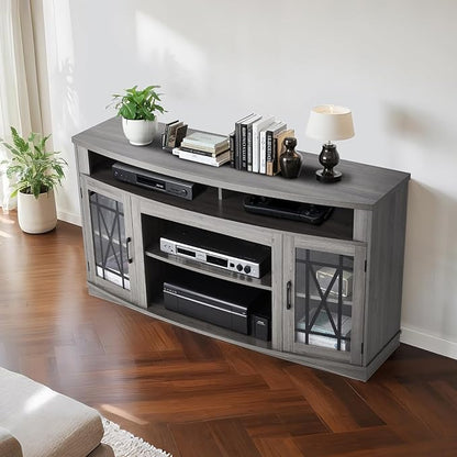 VEVOR TV Stand for TVs up to 65 inch, Farmhouse Entertainment Center with Light Strip, Wooden TV Cabinet Storage with Glass Doors and Adjustable Shelves, Console Table for Living Room, Bedroom, Gray