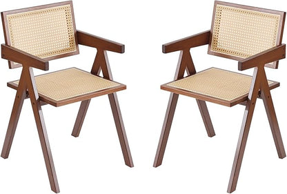 Tiita Rattan Dining Chairs Set of 2, Mid Century Modern Armchairs, Wooden Kitchen Chairs for Dining Room, Living Room, Walnut