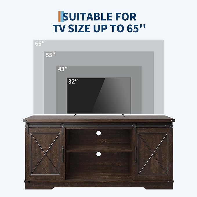 CABIHOME Farmhouse TV Stand and Entertainment Center for Tv up to 65 inches with Sliding Barn Doors and Adjustable Shelf, TV Media Storage Console Table for Living Room, Brown