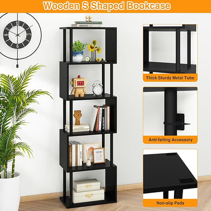 IBUYKE 6-Tier Tall Bookshelf,S-Shaped Geometric Bookcase, Wood Display Shelves with Storage,Modern Bookshelf for Living Room Bedroom, Home Office, Black WBC016B