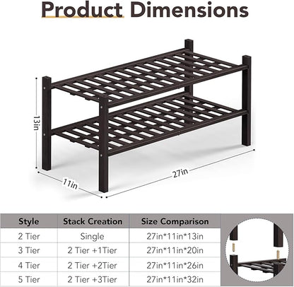 Haddockway 2 Tier Bamboo Shoe Rack Storage Organizer, Multifunctional Free Standing Stackable Shoe Shelf with Grid Panel for Closet,Hallway,Entryway,Small Space 27"x11"x13"(Brown, 2 Tier)