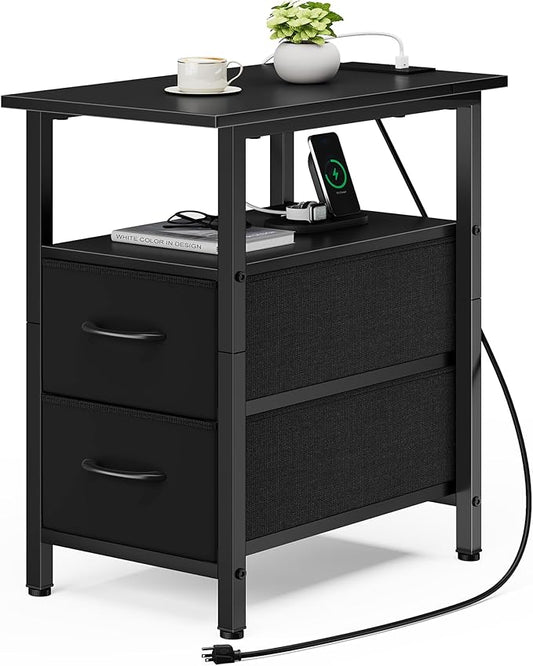 Vagusicc Black End Table with Charging Station, Narrow Side Table, 23.8'' Tall Nightstand with 2 Fabric Drawers, Small Sofa Side Table Narrow Nightstand for Small Spaces, Living Room, Bedroom, Black