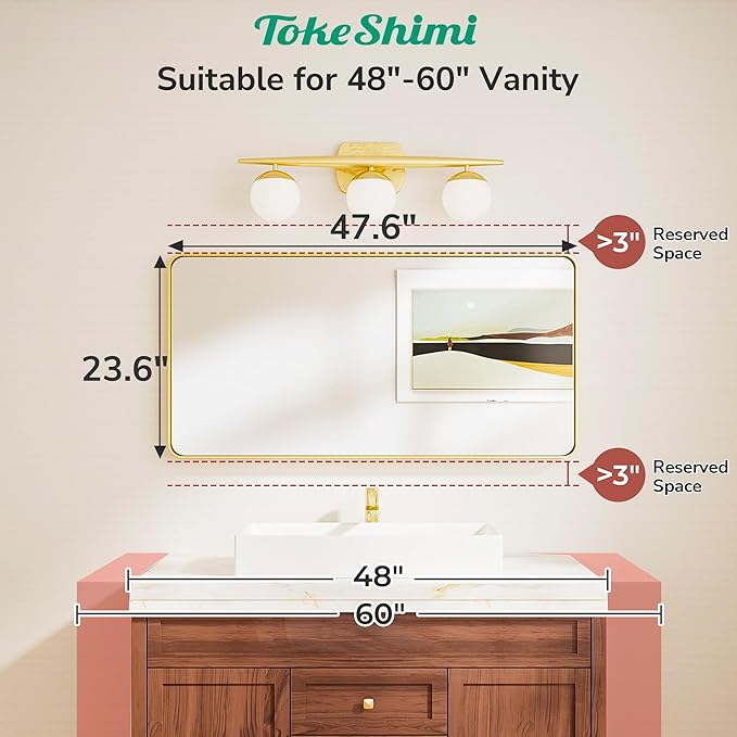TokeShimi 48x24 Brushed Gold Bathroom Mirror for Over Sink,Bathroom Mirror Rectangle with Tempered Glass,Vanity Mirror with Aluminum Frame(Horizontal/Vertical)