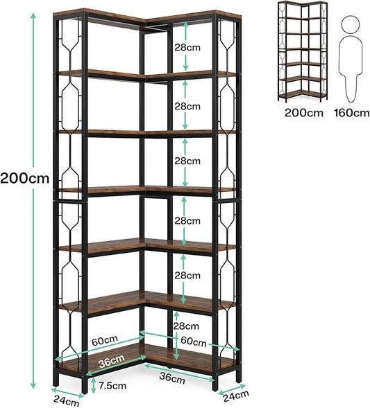 Tribesigns Corner Shelf, 7-Tier Industrial Corner Bookshelf, Wood and Metal Etagere Bookcase, Freestanding Display Shelf for Living Room, Kitchen, Home Office, Rustic Brown