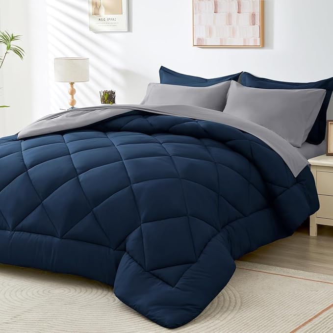 HEVUMYI Full Comforter Set - 7-Piece All Season Bed in a Bag Full, Ultra Soft Bedding Set with Comforter, Flat Sheet, Fitted Sheet, Pillowcases, Pillow Shams, Navy Blue & Light Grey