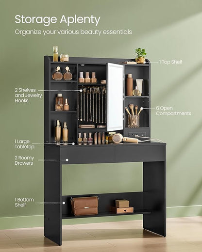 VASAGLE Vanity Desk with Power Outlets, Makeup Vanity with Mirror and Lights, Upholstered Vanity Stool, Dimmable LED Lights, 6 Compartments, 2 Drawers, for Bedroom, Ink Black URDT031B01