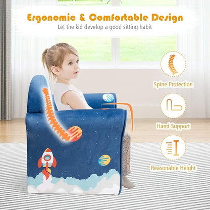 Costzon Kids Couch, Children's Sofa Armrest Chair with Pattern, Toddler Furniture w/Sturdy Wood Construction, Preschool, Lightweight Children Couch Sofa Chair for Aged 1-5 Boys & Girls Gifts, Spaceman