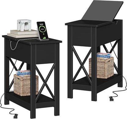 ChooChoo End Table with Charging Station, Narrow Flip Top Side Table with USB Ports & Power Outlets for Small Spaces, Nightstand Sofa Table for Living Room, Bedroom, Black, 2 Pack