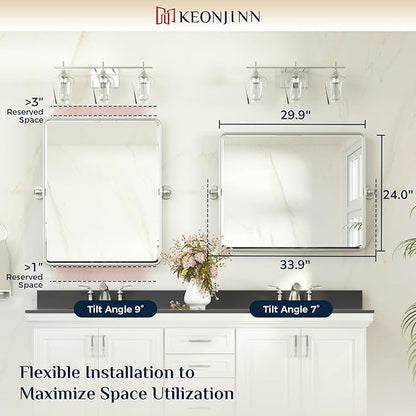 Keonjinn 24x30 in Brushed Pivot Mirror, Tilt Beveled Mirror Bathroom, Rectangular Sturdy Modern Silver Tilt Mirrors, Rounded Corner Aluminum Framed Vanity Mirrors for Wall (Horizontal/Vertical)