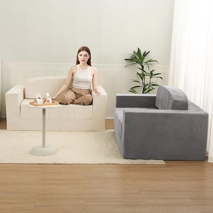 MeMoreCool Convertible Sofa Bed, Pull Out Loveseat Sleeper Sofa Beige, Small Boneless Cloud Couch Bed for Adults, Fold Out Foam Love Seat, Corduroy Folding Floor Couch for Bedroom