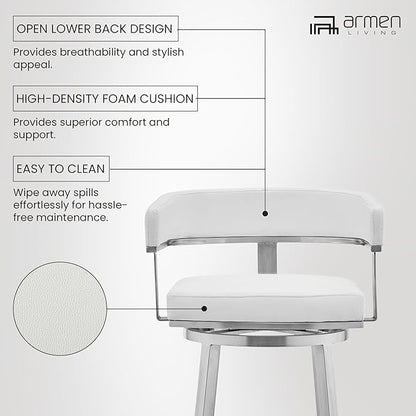 Armen Living Lorin Modern 30" Seat Height White Faux Leather and Brushed Stainless Steel Metal Swivel Bar Stool for Kitchen Island Counter