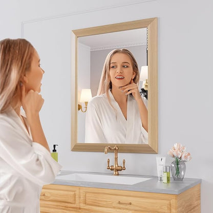 Amorho 24x32 Inch Bathroom Mirror for Wall, Oak Wood Grain Metal Framed Mirror, Anti-Rust, Hang Horizontally/Vertically, Suitable for Bedroom, Farmhouse, Bathroom, Decorative