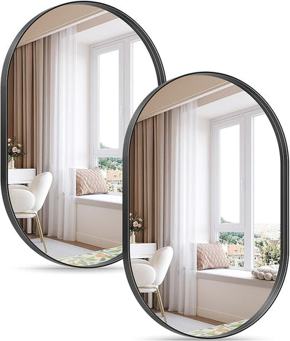 2 Pack Black Oval Mirrors, 20" x 33" Double Modern Mirror for Living Room, Black Frame Mirror for Over Sink Bedroom Fireplace Entryway Hang Vertical and Horizontal