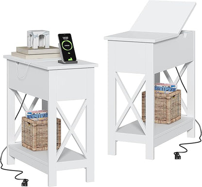 ChooChoo End Table with Charging Station, Narrow Flip Top Side Table with USB Ports & Power Outlets for Small Spaces, Nightstand Sofa Table for Living Room, Bedroom, White, 2 Pack
