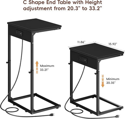 Vagusicc C Shaped End Table with Charging Station, Adjustable Height Side Table for Couch,Small Side Table Small Spaces, 33.2'' Tall Couch Tables that Slide Under, Tv Tray Table for Living Room, Black