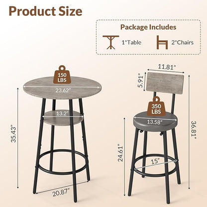 3 Pieces Round Bar Table and Chairs Set, Small Dining Table for 2, Kitchen Bar Table, Breakfast Table with Storage, 2 Thickened Cushion Stools with Backrest for Dining Room & Bistro-Grey