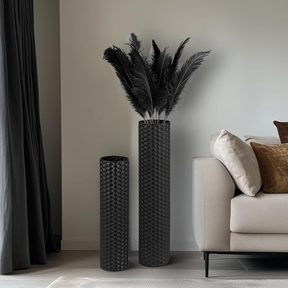 Sziqiqi Black Tall Floor Vase: 27.6/21.7in Metal Cylinder Vases Extra Large Decorative Vase Set of 2 Living Room Modern Honeycomb Texture Big Standing Decor for Dining Bedroom Home Corner Indoor
