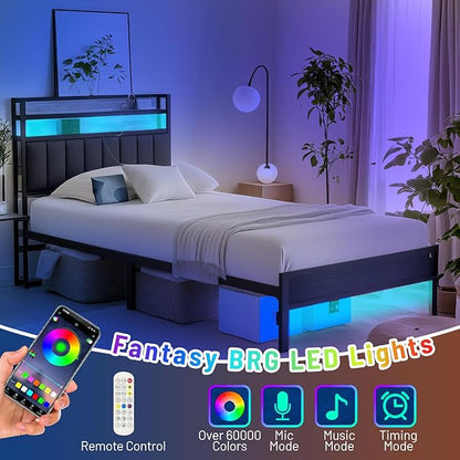 Twin Bed Frame with Headboard,Classic Metal Platform Bed Frame-LED Bed Frame with USB Charging Station,Mattress Foundatione-Under Bed Storage,No Box Spring Needed,Noise Free
