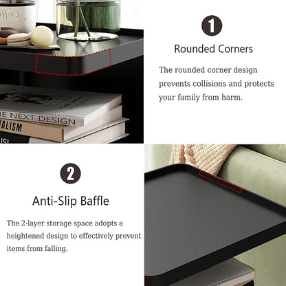 Black Modern Side Table, 2 Tier Small End Tables Bedroom, Metal Side Tables Living Room with 4 Legs, Black Nightstand Square Accent Table for Indoor Outdoor, Easy Assembly