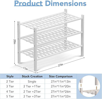 Haddockway 3 Tier Bamboo Shoe Rack Storage Organizer, Multifunctional Free Standing Stackable Shoe Shelf with Grid Panel for Closet,Hallway,Entryway,Small Space 27"x11"x20" (White, 3 Tier)