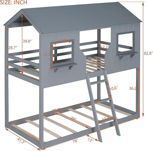 Ball & Cast Twin Over Twin Size Playhouse Bunk Bed with Roof and Window,Wood Bunkbed w/Full-Length Guard Rail & Ladder,Slat Support,Space Saving,Bedroom Furniture for Student Dorms,Gray