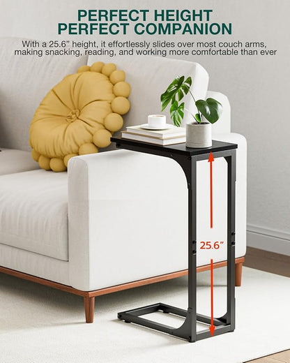 C-Shaped Side Table for Couch - Small Coffee Stand Sofa Tray Desk with Sturdy Metal Frame and Waterproof Scratch Resistant Wood Surface, Modern End Accent for Living Room, Bedroom, Black