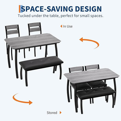 Dining Table Set for 4, Wooden Kitchen Table with Upholstered Bench & 2 Cushion Chairs, Space-Saving Dinette Set for Studio, Kitchen, Dining Room, Apartment(43''x28''x30''), Gray