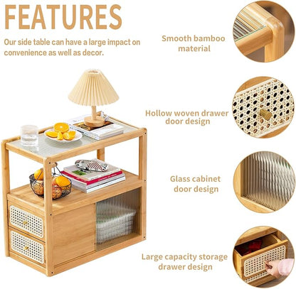 Tiita Rattan Nightstand Side Table, Bamboo Accent Bedside Tables, Glass Coffee Tables, Boho Wooden End Table with Storage for Small Space, Living Room and Bedroom