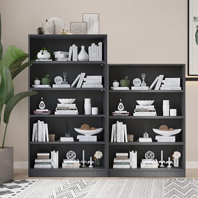Wooden Bookshelf with Adjustable Shelves, 5 Tier Tall Bookcase for Living Room, Office or Small Spaces,Heavy Dute Bookshelves Storage Organizer, Manga Bookshelf for Collectors,60 Inch,Gray
