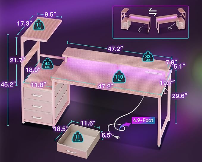 AODK 59 Inch Gaming Desk with USB Charging Ports & LED Light- Reversible Computer Desk with Storage Shelves & Monitor Stand, Modern Gamer Desk Table with Fabric Drawers & Side Hook, Carbon Fiber Pink