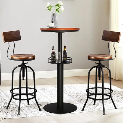 LOKKHAN Industrial Bar Stool-26-32 Inch Adjustable Swivel Round Wood Metal Kitchen Stool Rustic Farmhouse Counter Height Extra Tall Bar Height Stool-Arc-Shaped Backrest,Welded,Set of 2