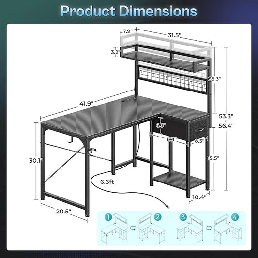 PRAISUN L Shaped Gaming Desk with Shelves, Corner Computer Table with LED Lights, Power Outlets and USB-C Ports, 42 Inch Home Office Desk with Storage Drawer, for Work and Study, Carbon Fiber Black