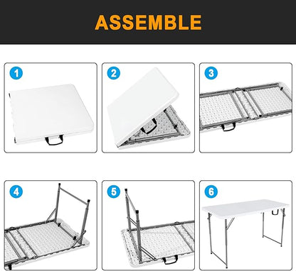48" W x 24" D x 29.5" H - 4FT Adjustable Height Heavy Duty Plastic Fold-in-Half Foldable Table，White Portable Folding Table with Carrying Handle for Camping & Party