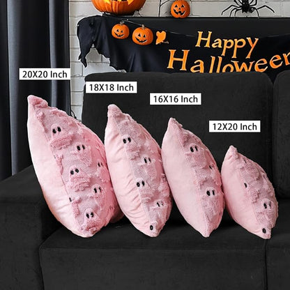 4TH Emotion Halloween Ghost Decorative Lumbar Pillow Covers 12x20 Set of 2, Pink Soft Plush Faux Fur Farmhouse Throw Cushion Cases for Fall Autumn Holiday Home Decorations