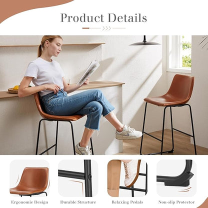 DUMOS 26 Inch Counter Height Bar Stools Set of 2, Modern Faux Leather High Barstools with Back and Metal Leg, Bar Chairs for Kitchen lsland, Elegant Brown
