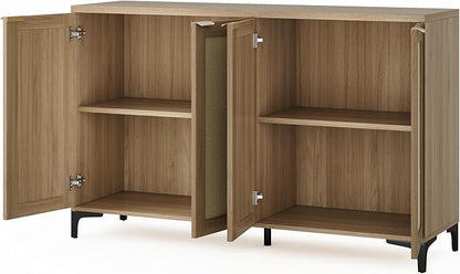 Sideboard - Buffet Cabinet with Storage, Rattan Storage with 4 Doors and Adjustable Shelves, Accent with Metal Feet, Sideboard Cabinet for Living Room (Natural)