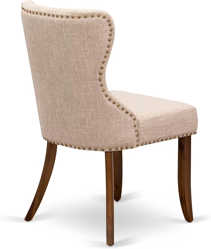NESI9-AWA-04-9-Piece Dining Table Set Consists of a Modern Kitchen Table and 8 Light Tan Linen Fabric Dining Chairs with Button Tufted Back - Antique Walnut Finish