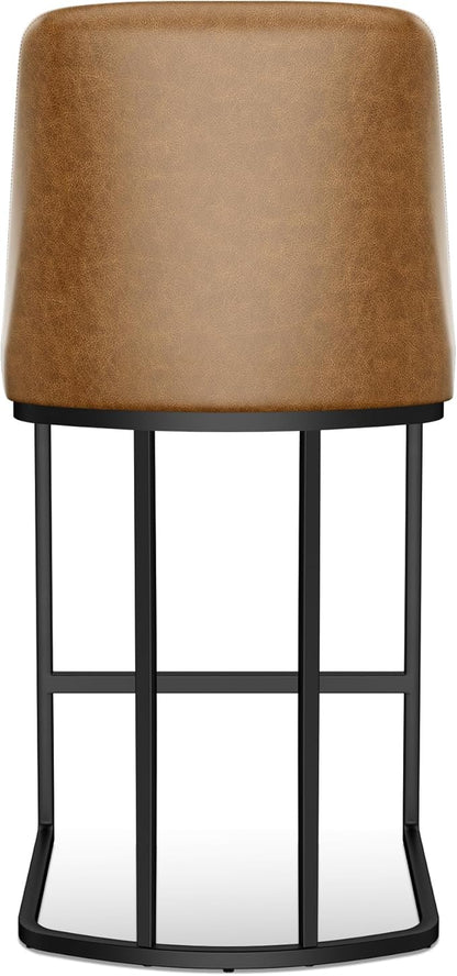 Bar Stools Set of 6, Faux Leather Counter Height Barstools, Upholstered Kitchen Counter Stools with Back and Stitching, 25.6" H Kitchen Island Stools Bar Chair, Metal Framed, Whisky Brown